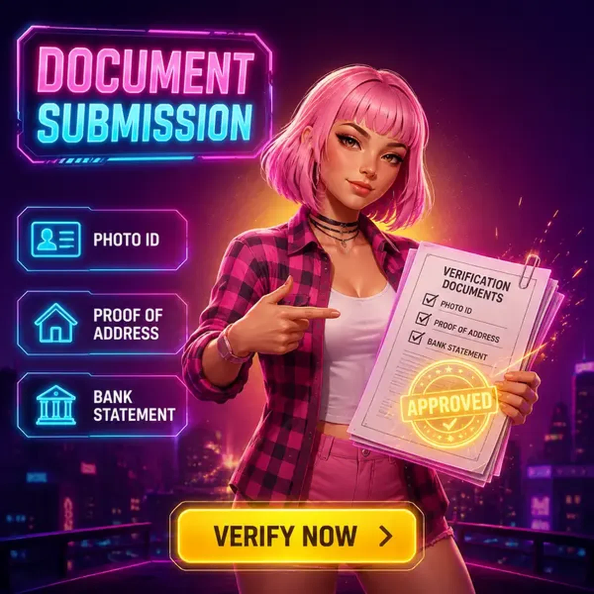 Cyberpunk Night Rider presenteert KYC-documenten met goedkeuringsstempel bij BroWinner verificatiebalie