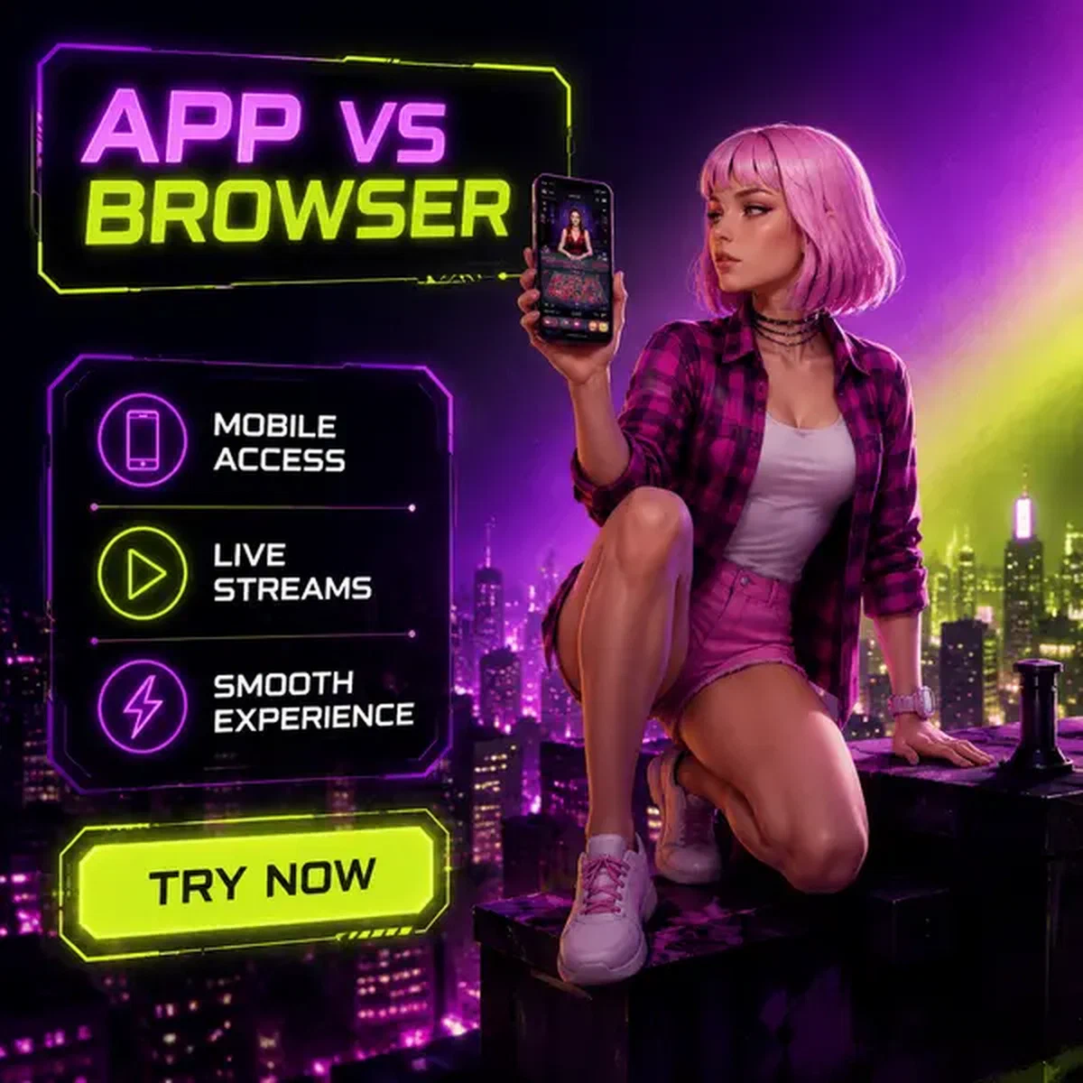 Night Rider toont BroWinner mobiele app op dak met neon stadsachtergrond